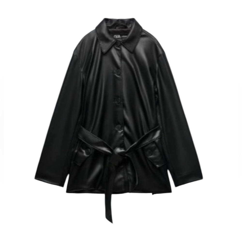 Zara NWT Faux Leather BLack Belted Jacket Size Medium - Picture 6 of 7